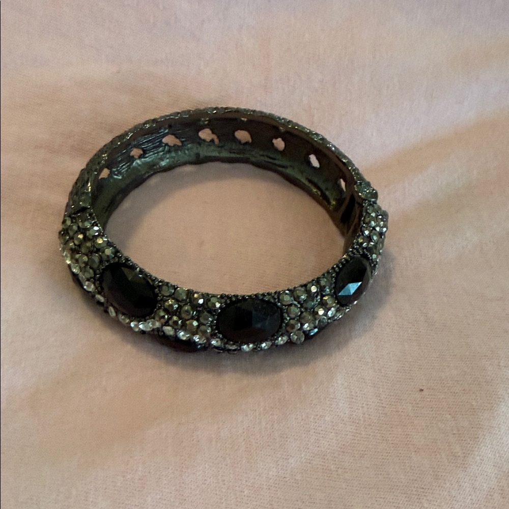 Crystal-Embellished Black Gemstone Bangle Bracelet